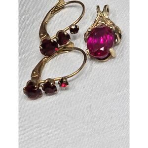 ​Vtg 10k Yellow Gold Estate Ruby Pendant & Garnet Earrings